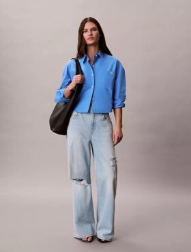 Baumwollpopeline, kurzes, kastenförmiges Button-Down-Hemd
