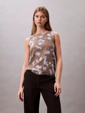 Bedrucktes, ärmelloses Chiffon-Oberteil