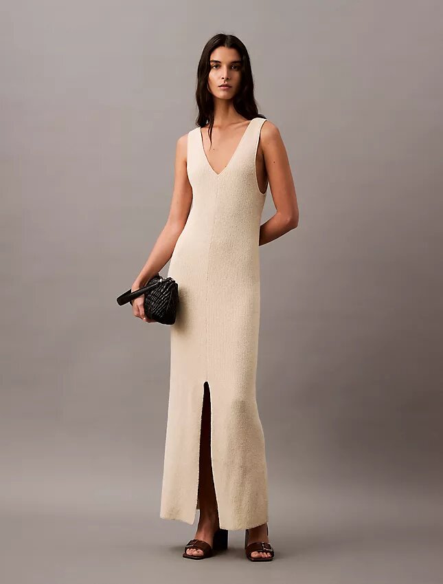 Bouclé-Rippen-Midi-Kleid ohne Ärmel Bouclé-Rippen-Midi-Kleid ohne Ärmel