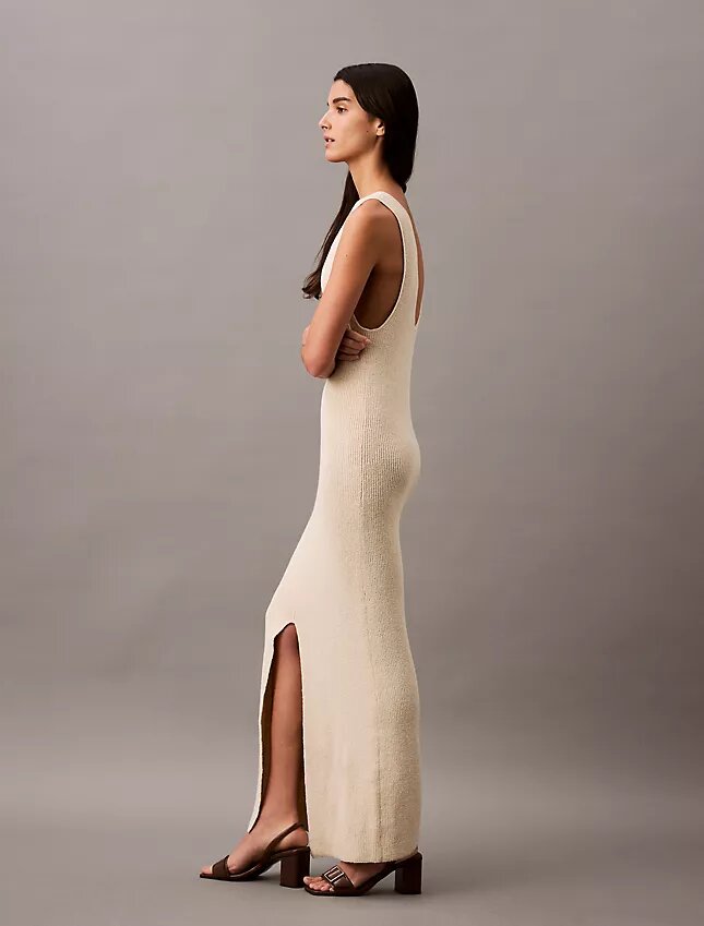 Bouclé-Rippen-Midi-Kleid ohne Ärmel Bouclé-Rippen-Midi-Kleid ohne Ärmel