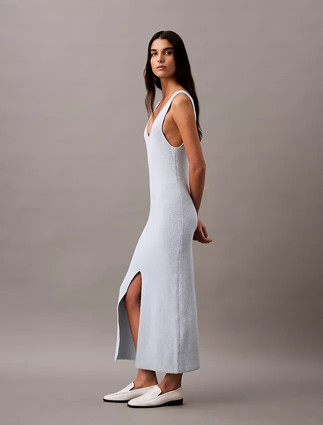 Bouclé-Rippen-Midi-Kleid ohne Ärmel Bouclé-Rippen-Midi-Kleid ohne Ärmel