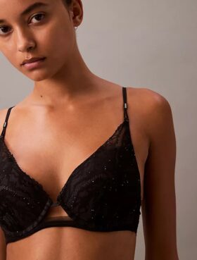 CK Black Push-Up-Plunge-BH mit floraler Spitze