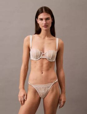 CK Black Unlined Balconette Bra with Floral Lace Trim