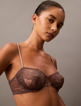 CK Black Unlined Balconette Bra with Floral Lace Trim