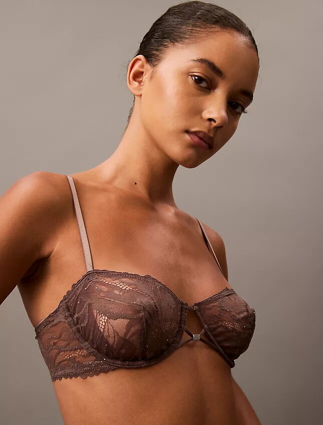 CK Black Unlined Balconette Bra with Floral Lace Trim CK Black Unlined Balconette Bra with Floral Lace Trim