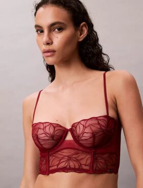 CK Black Unlined Balconette Bra with Floral Lace Trim