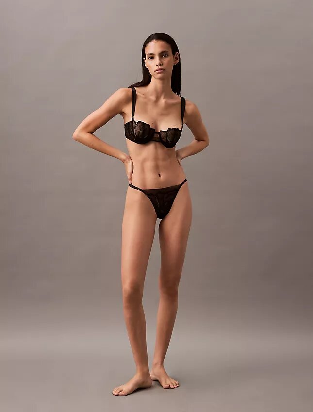 CK Black Unlined Balconette Bra with Floral Lace Trim CK Black Unlined Balconette Bra with Floral Lace Trim