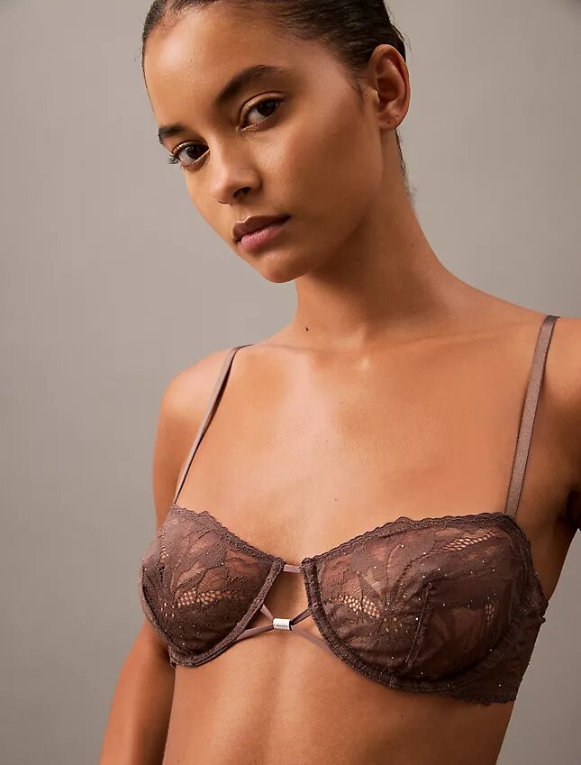 CK Black Unlined Balconette Bra with Floral Lace Trim CK Black Unlined Balconette Bra with Floral Lace Trim