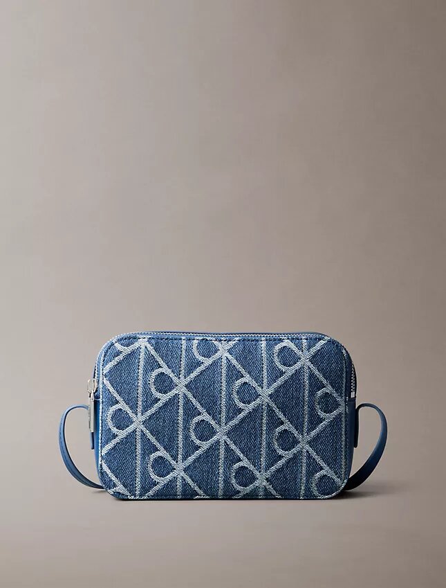 Denim-Kameratasche mit durchgehendem Emblem-Logo Denim-Kameratasche mit durchgehendem Emblem-Logo
