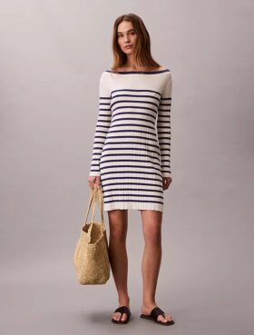 Gestreiftes, langärmeliges Minikleid mit Rippmuster