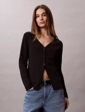 Gewebter, feingerippter, schmaler Cardigan von Monologo