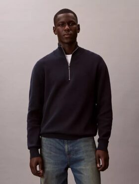 Glatter Baumwollpullover mit Viertelreißverschluss