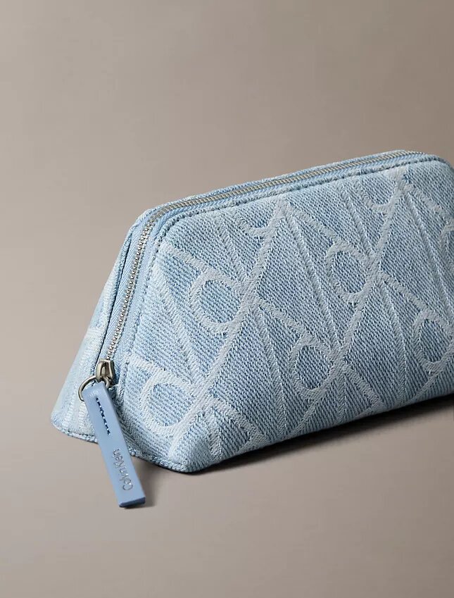 Kosmetiktasche aus Denim mit durchgängigem Emblem-Logo Kosmetiktasche aus Denim mit durchgängigem Emblem-Logo