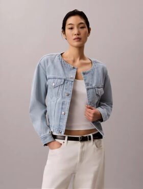Kurze, kragenlose Denim-Trucker Jacket