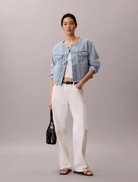 Kurze, kragenlose Denim-Trucker Jacket
