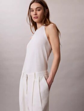 Maßgeschneiderte Hose mit weitem Bein aus Leinenmischung