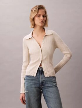 Polo-Strickjacke aus glatter Baumwollrippe