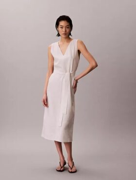 Ärmelloses Kleid aus Leinenmischung mit V-Ausschnitt und Gürtel