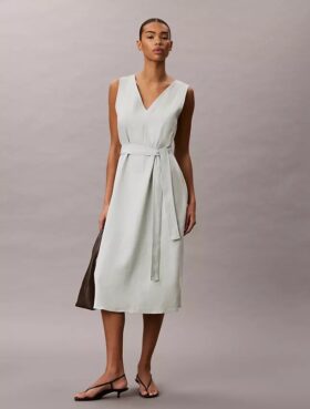 Ärmelloses Kleid aus Leinenmischung mit V-Ausschnitt und Gürtel
