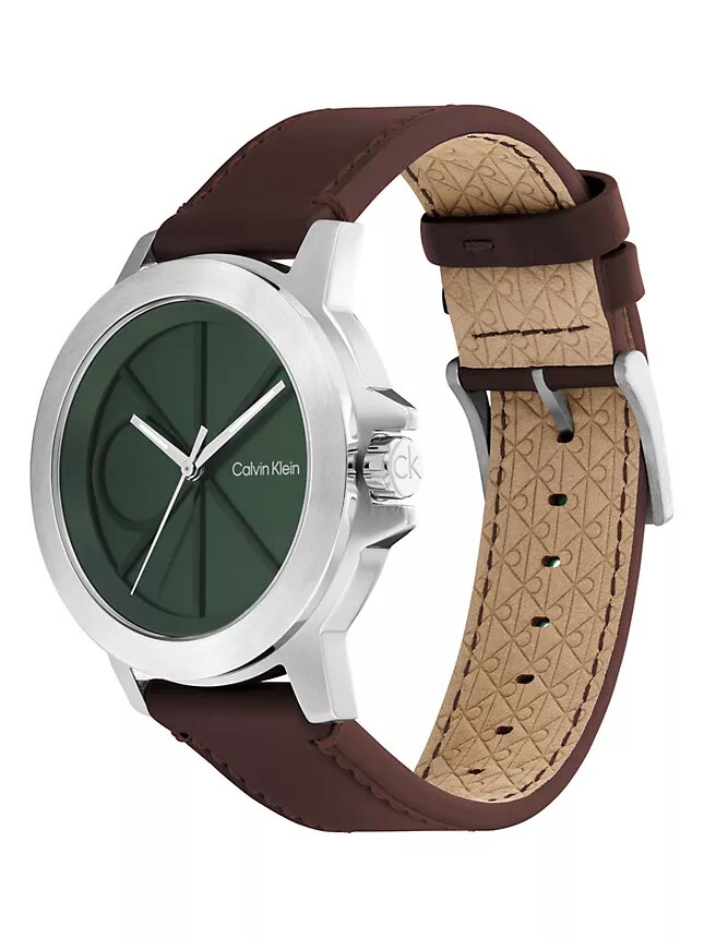 Uhr mit Emblem-Zifferblatt und Lederarmband Uhr mit Emblem-Zifferblatt und Lederarmband