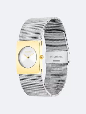 Uhr mit geometrischem Zifferblatt und Mesh-Armband