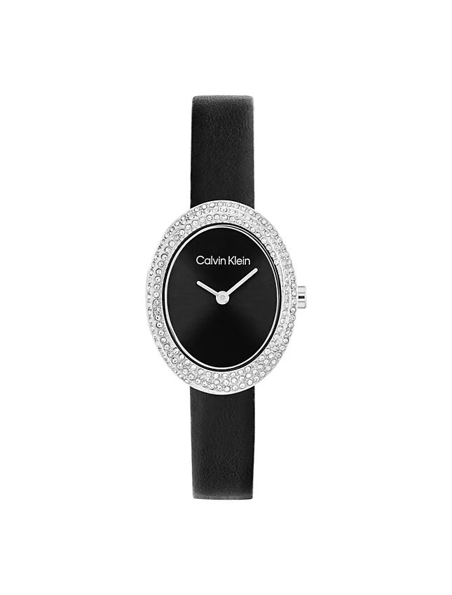 Uhr mit konturierter Lünette, ovalem Zifferblatt und Lederarmband Uhr mit konturierter Lünette, ovalem Zifferblatt und Lederarmband